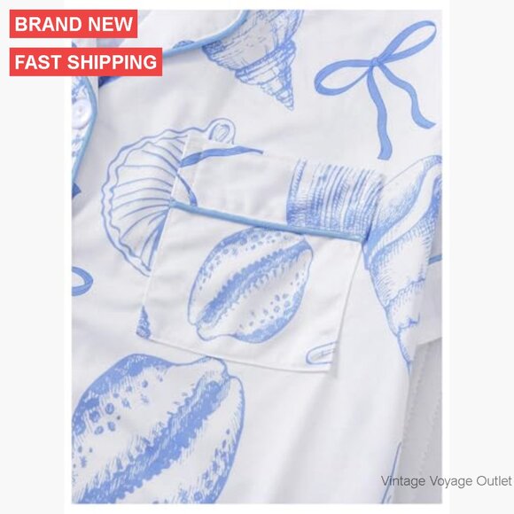 Women's Short Sleeve Button Shirt and Elastic Waist Shorts Pajama Set - Picture 6 of 7